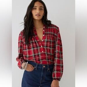 J. Crew Christmas red black green plaid smocked stretch pullover blouse ruffle